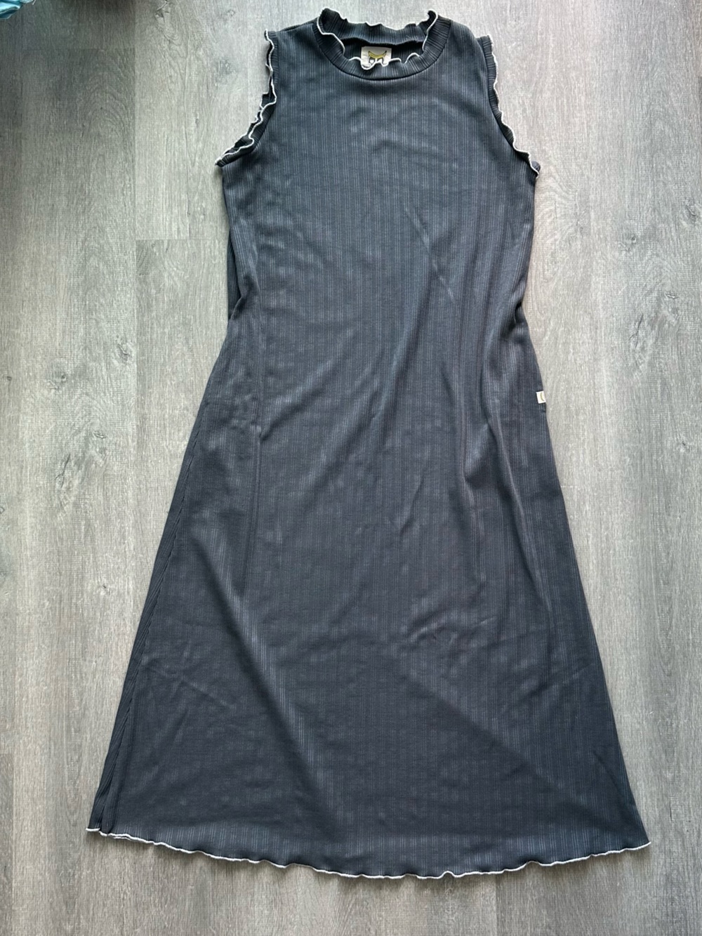 Bananaxx Charcoal Grey Ribbed Lettuce Trim Midi Maxi Dress Size S/M with Pocket
